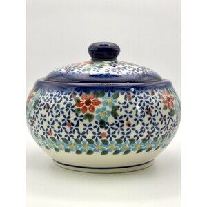 Ceramika Boleslawiec Handmade Blue & White Floral Ceramic Jar with Lid 6” Dia